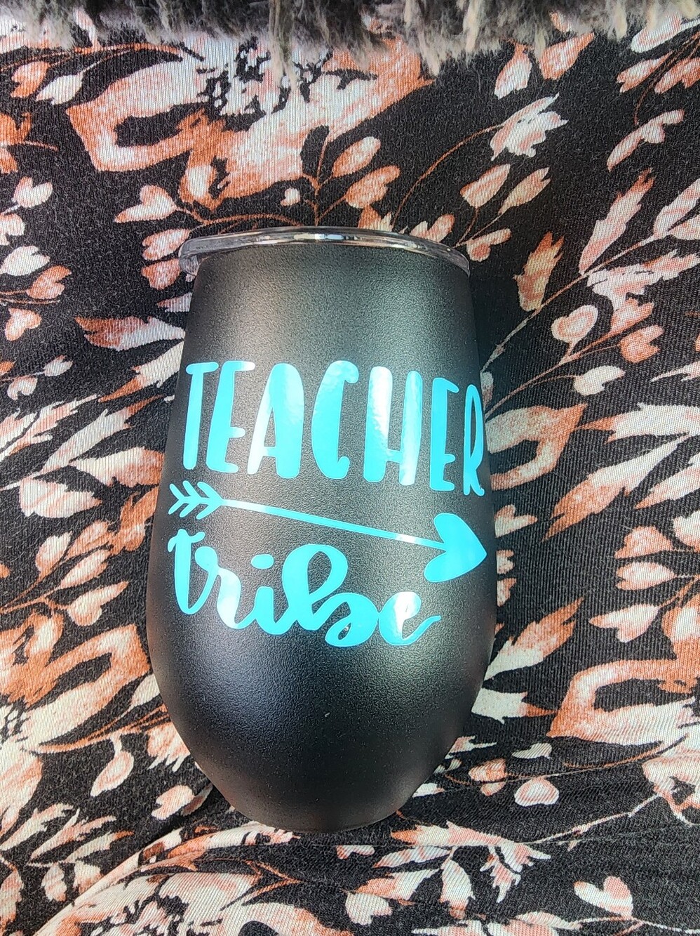 New Insulated Black Stemless Tumbler with Turquoise 'Teacher Tribe' Design